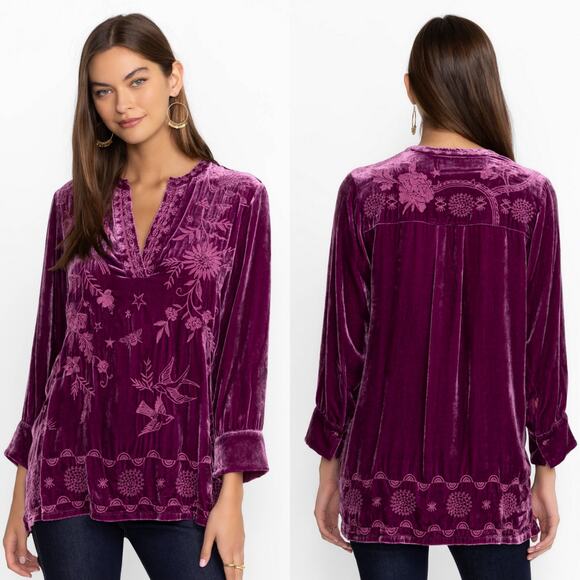 Johnny Was NWT $365 Henley Voyager Tunic Velvet Embroidered Purple Size Large - Picture 1 of 8